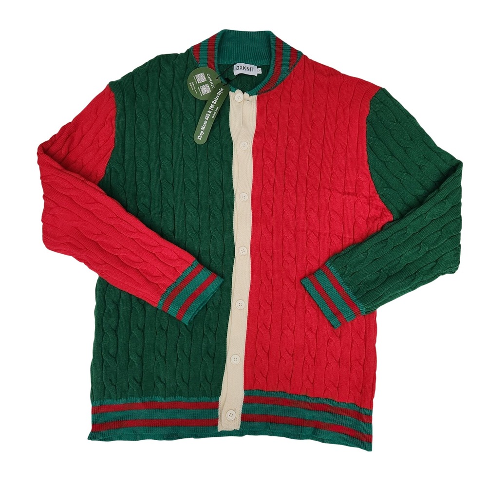OXKNIT Retro 60s 70s Color Block Cable Knit Cardigan Sweater Red Green Men XXL